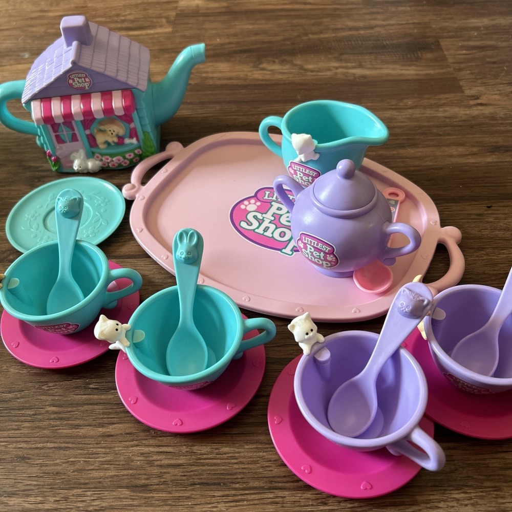 Vintage Kenner Littlest Pet Shop Tea Set 1994 Teal Purple Bunny Kitten Collector